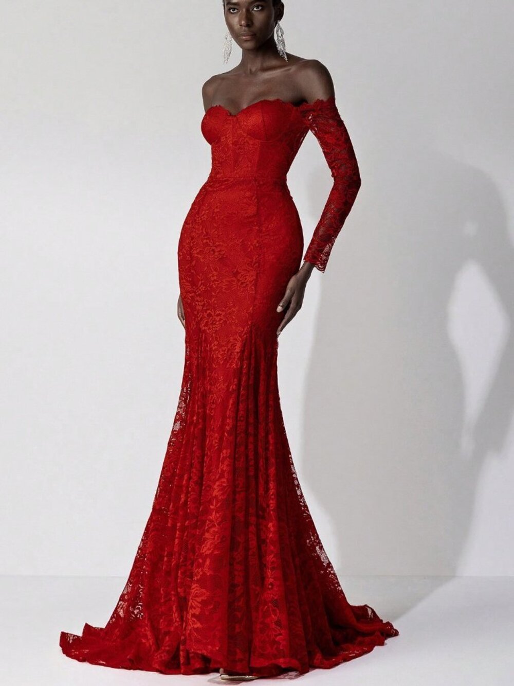 Red Party Women's Prom Full Lace Off Shoulder Long Sleeve Fishtail Maxi Gown